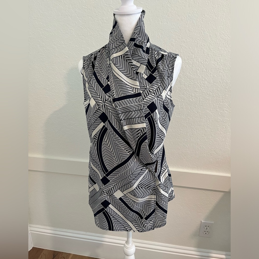 Paul Costelloe wrap blouse navy white M